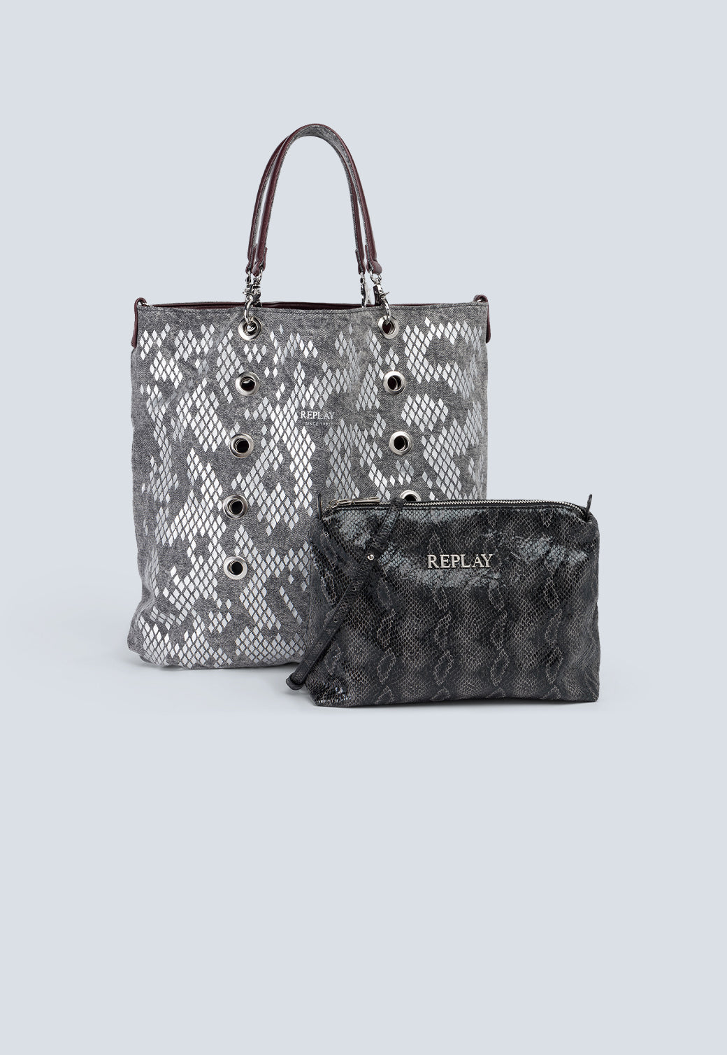 תיק יד לנשים בהדפס נחש אפור עם תיק קטן תואם