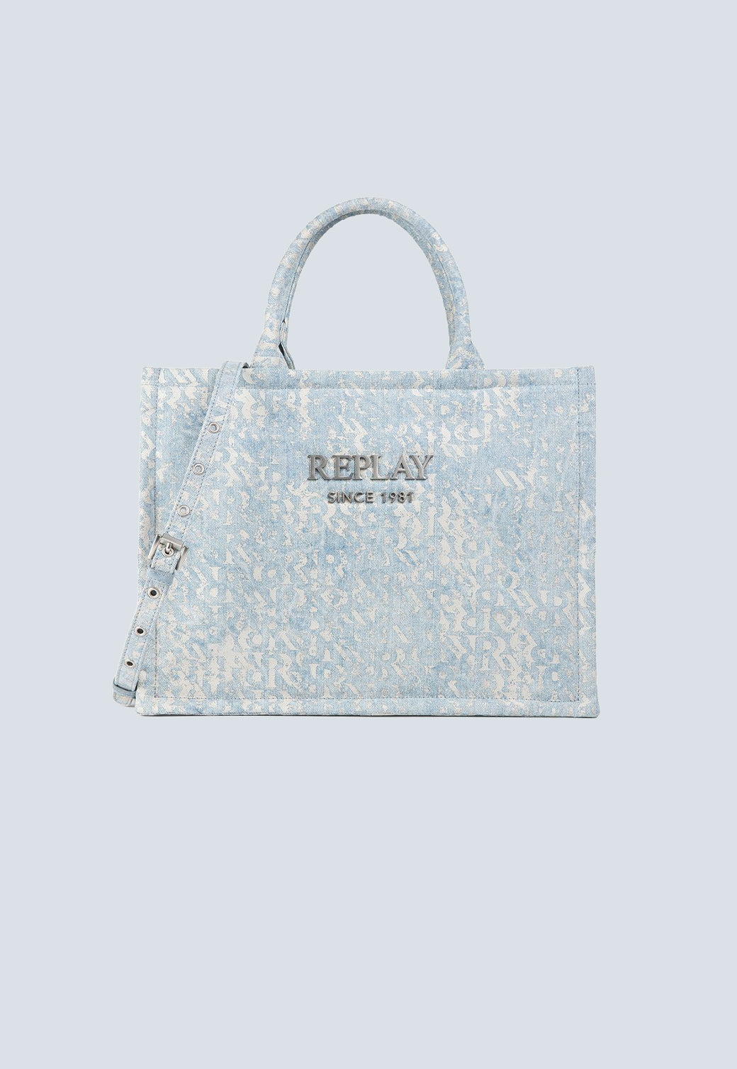 תיק יד לנשים בצבע תכלת עם הדפס מונוגרמי ולוגו