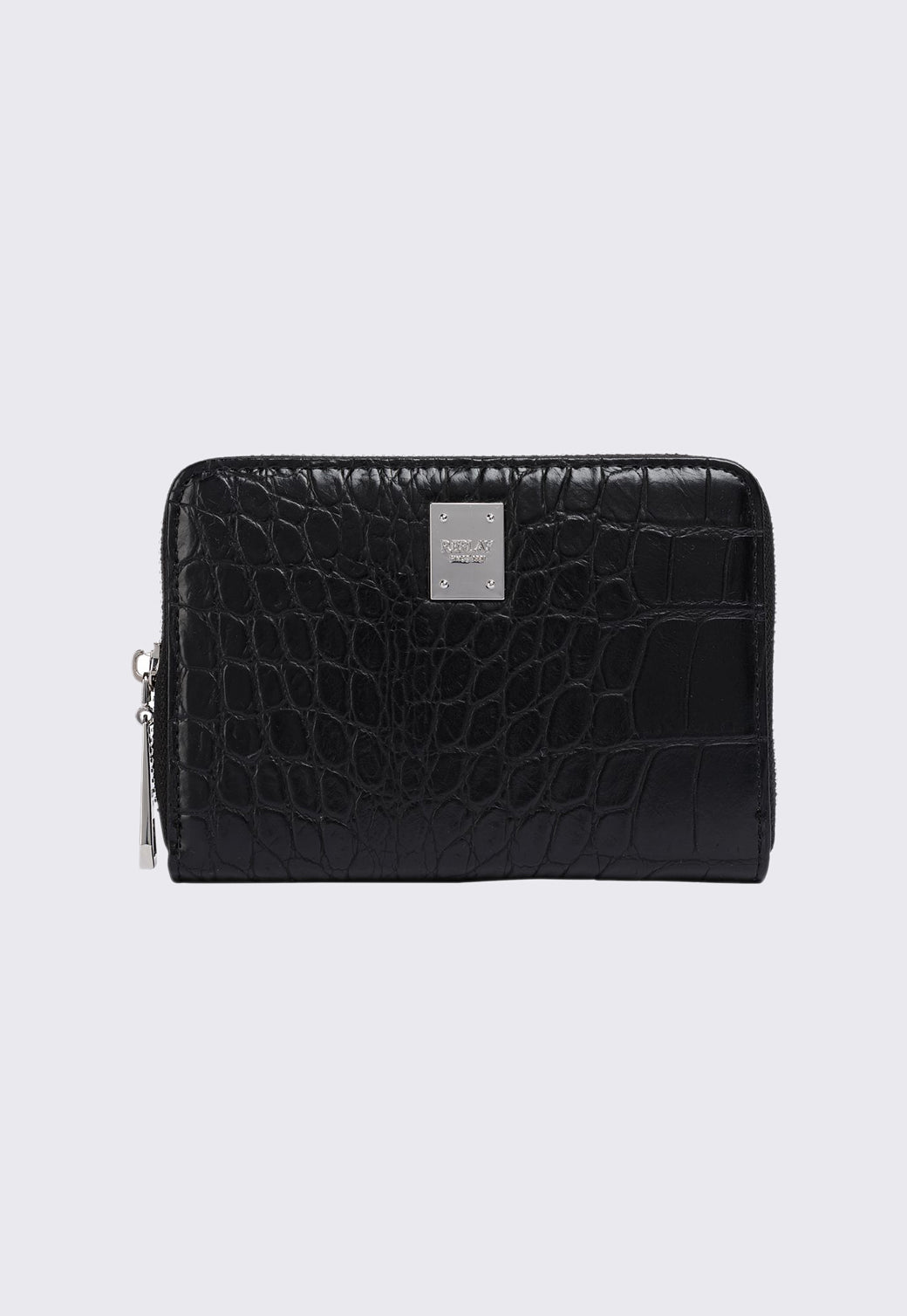 ארנק נשים שחור בטקסטורת קרוקו עם רוכסן ושלט מתכת קדמי