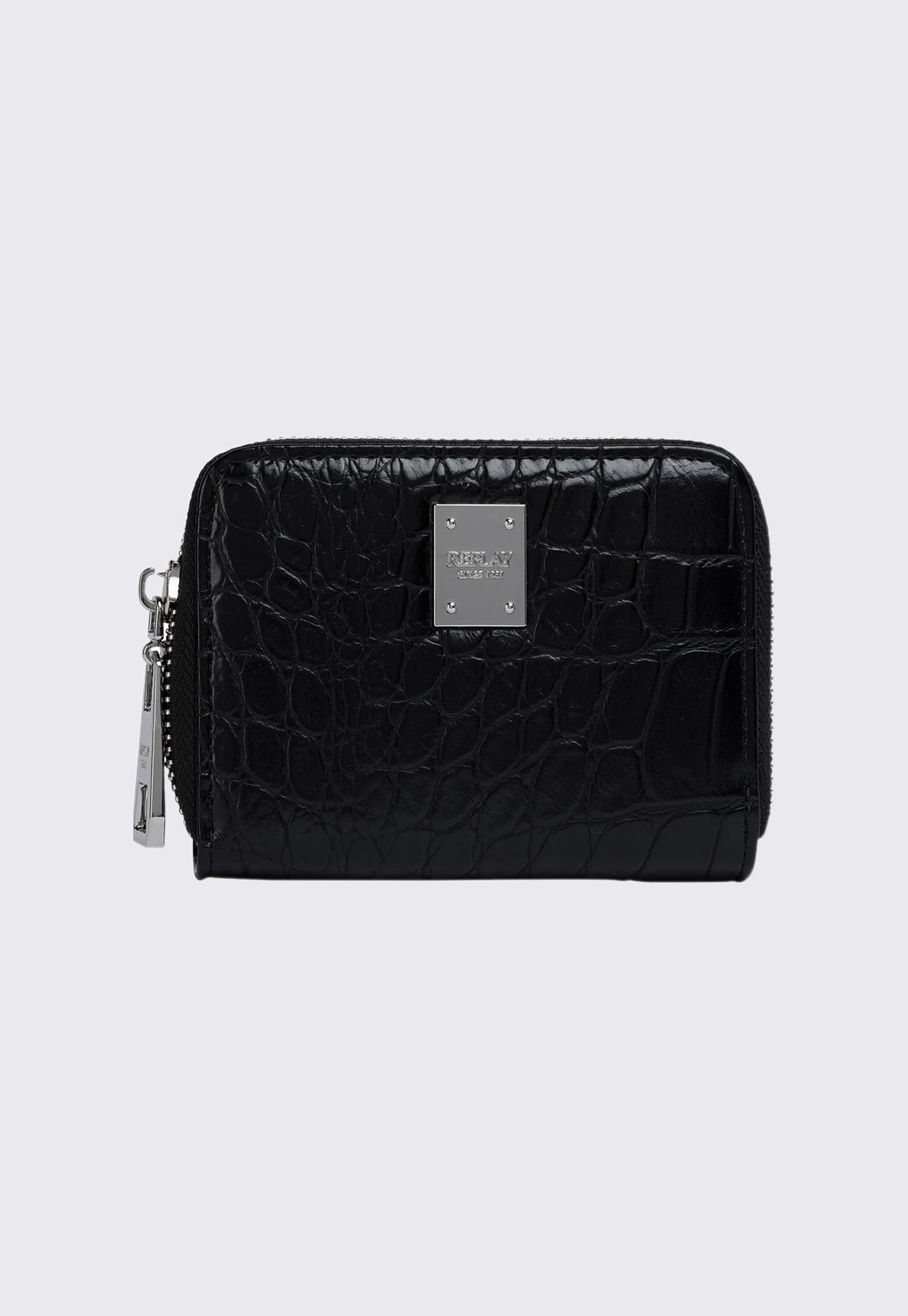 ארנק נשים קטן שחור בטקסטורת קרוקו עם רוכסן ושלט מתכת קדמי