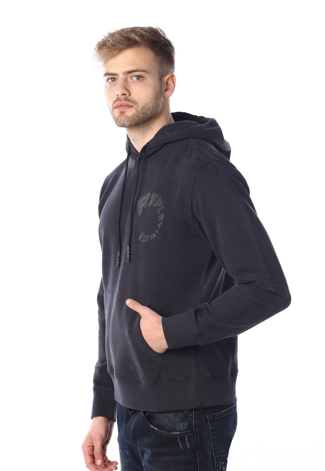 סווטשירט קפוצ'ון עם לוגו מעוגל בחזה | גברים BLACK / L