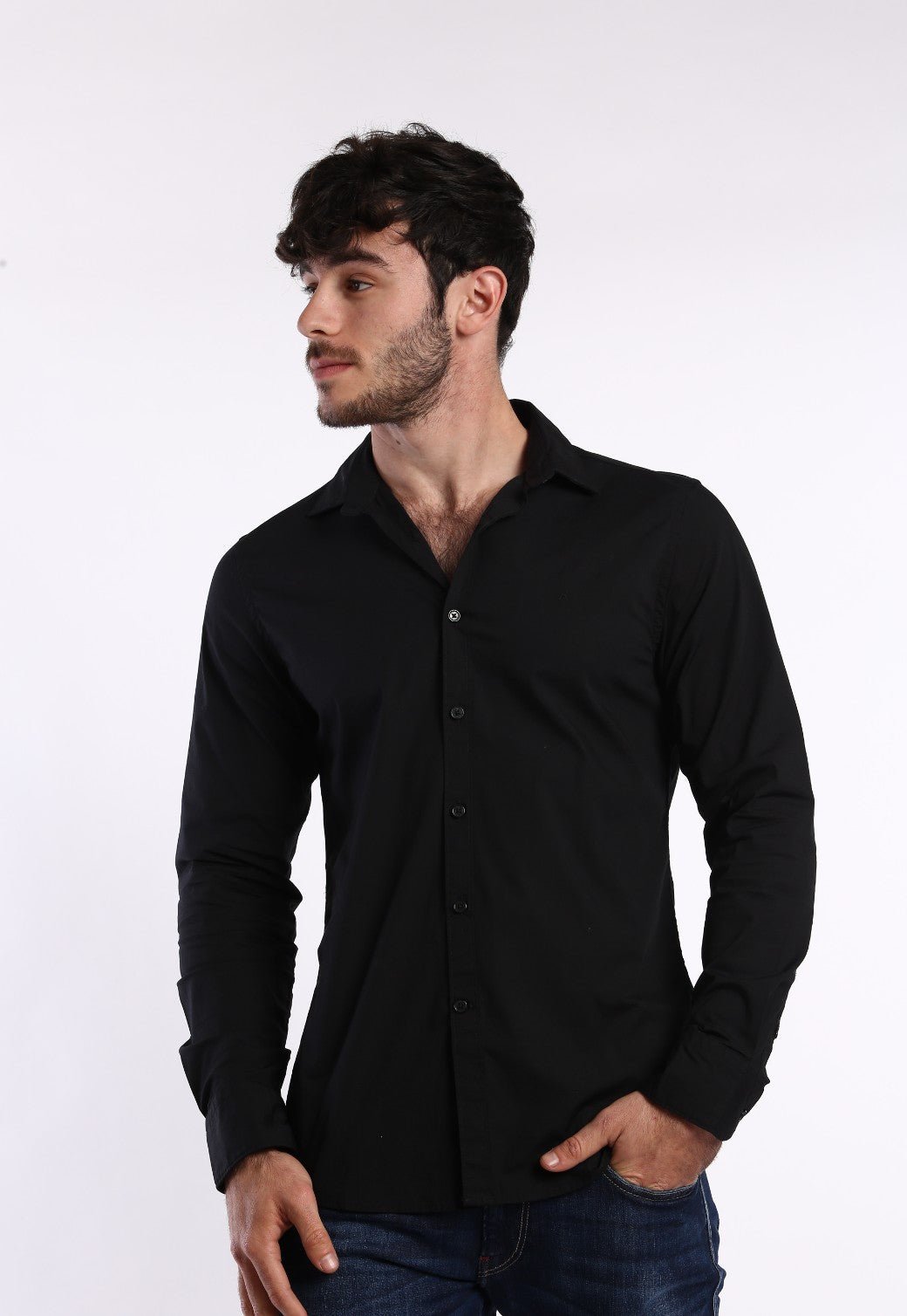 חולצה מכופתרת Slim Fit חלקה | גברים BLACK / L