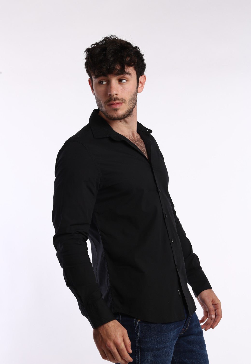 חולצה מכופתרת Slim Fit חלקה | גברים BLACK / L