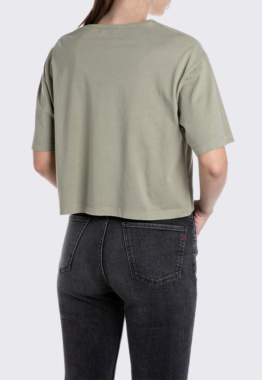 טי-שירט קרופ לנשים בצבע חאקי בהיר