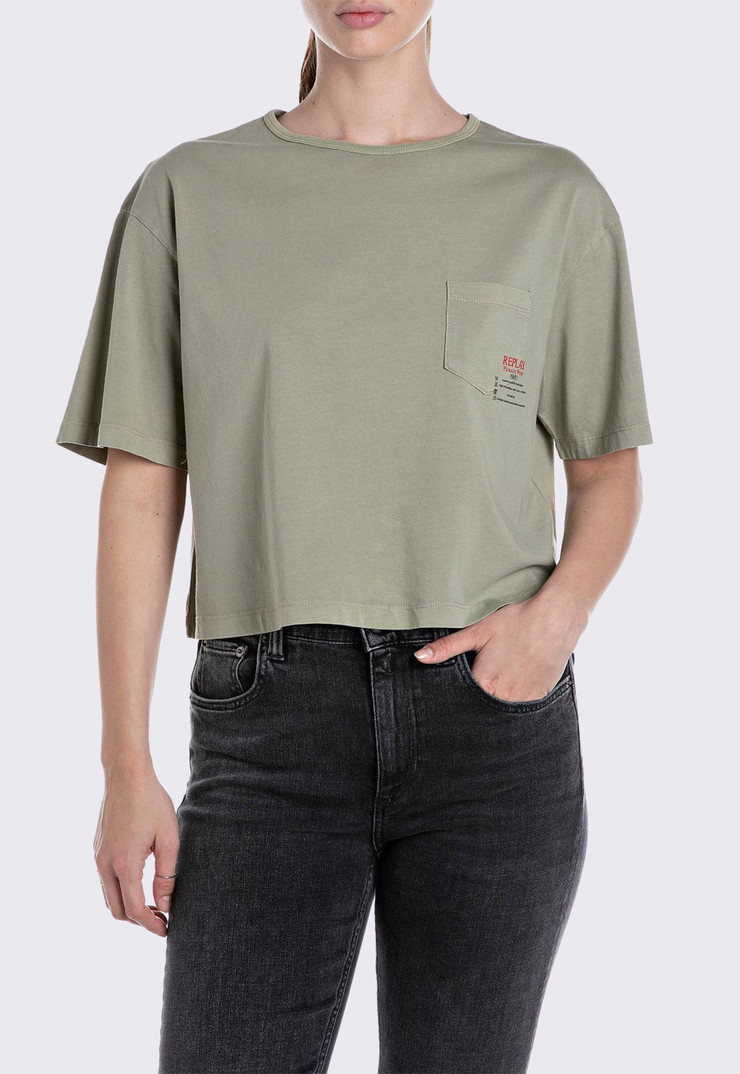 טי-שירט קרופ לנשים בצבע חאקי בהיר