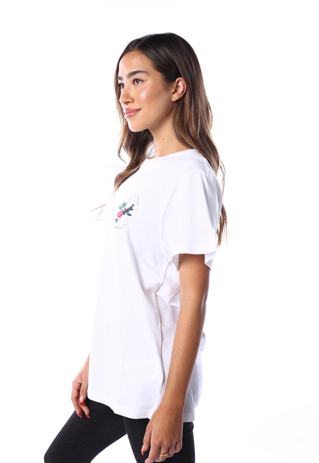 חולצת טי שירט קצרה עם הדפס פרח בצד שמאל | נשים WHITE / S