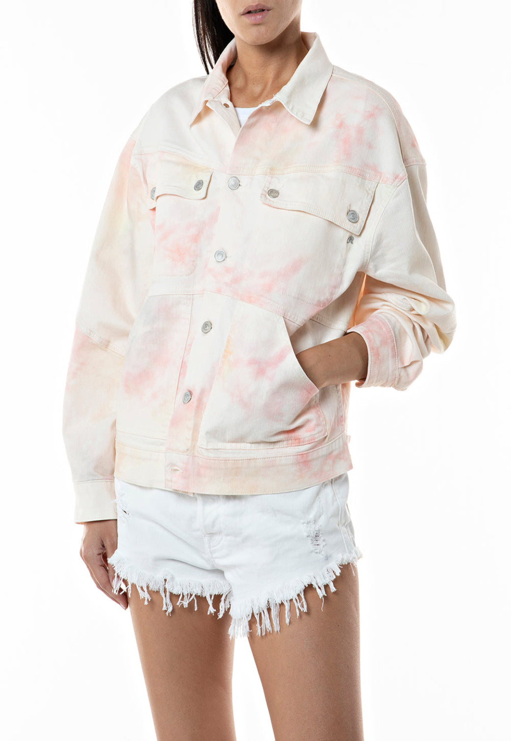 ג'קט ג'ינס נשים בצבע טאי דאי ורוד-אפרסק