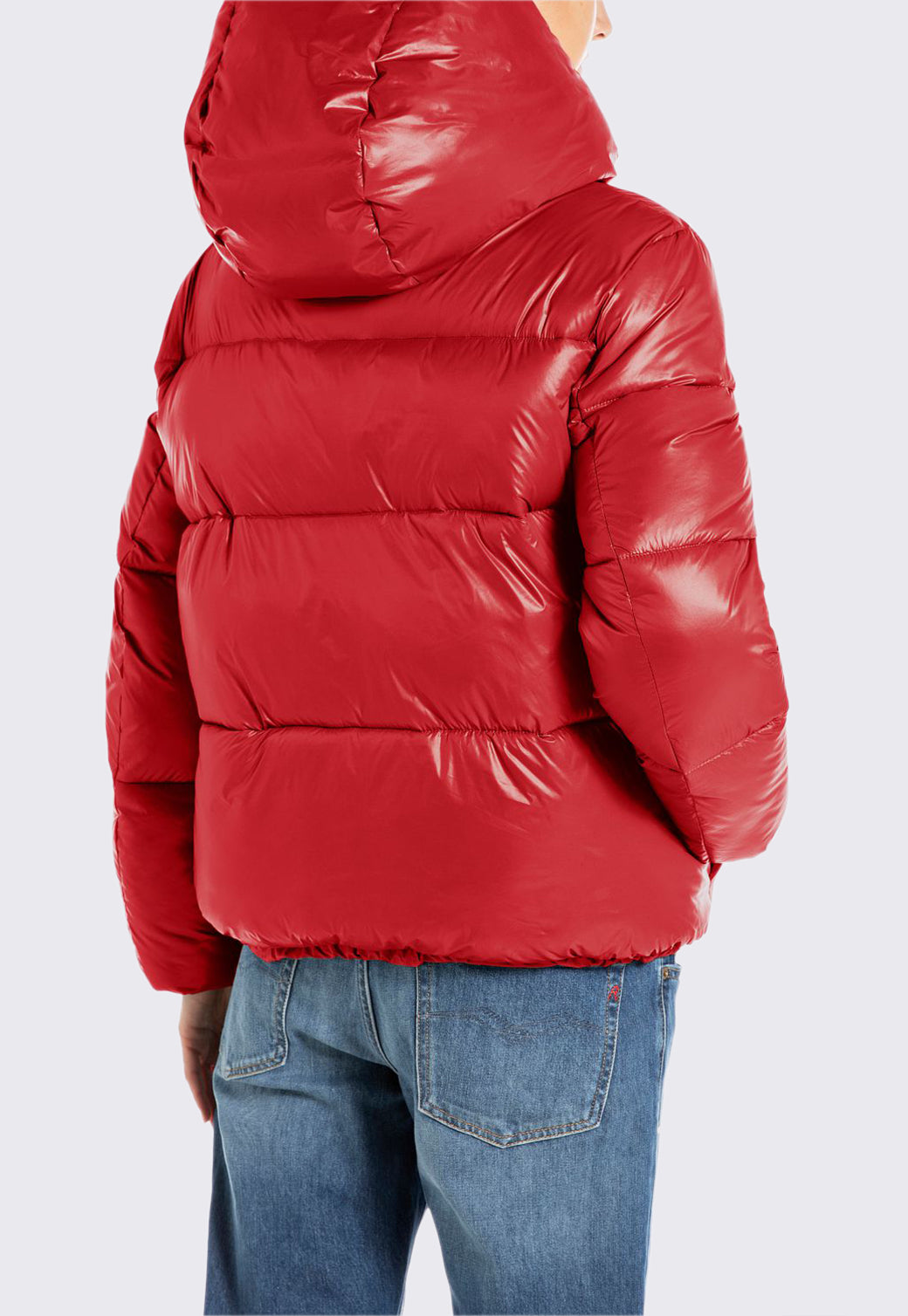 מעיל פוך קצר לנשים בצבע אדום עם כובע