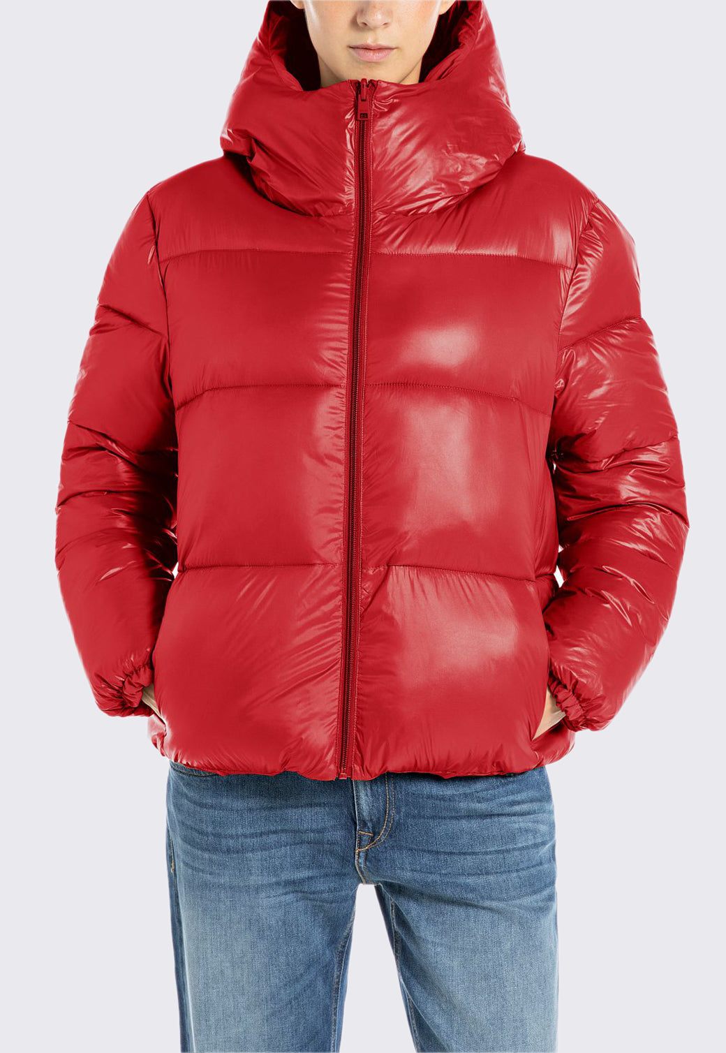 מעיל פוך קצר לנשים בצבע אדום עם כובע