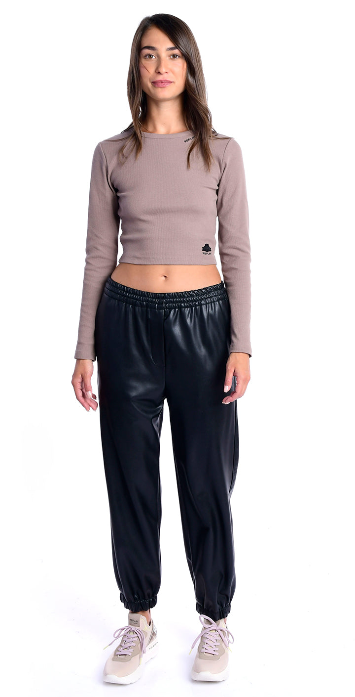 מכנסי נשים דמוי עור שחורים בגזרה רחבה