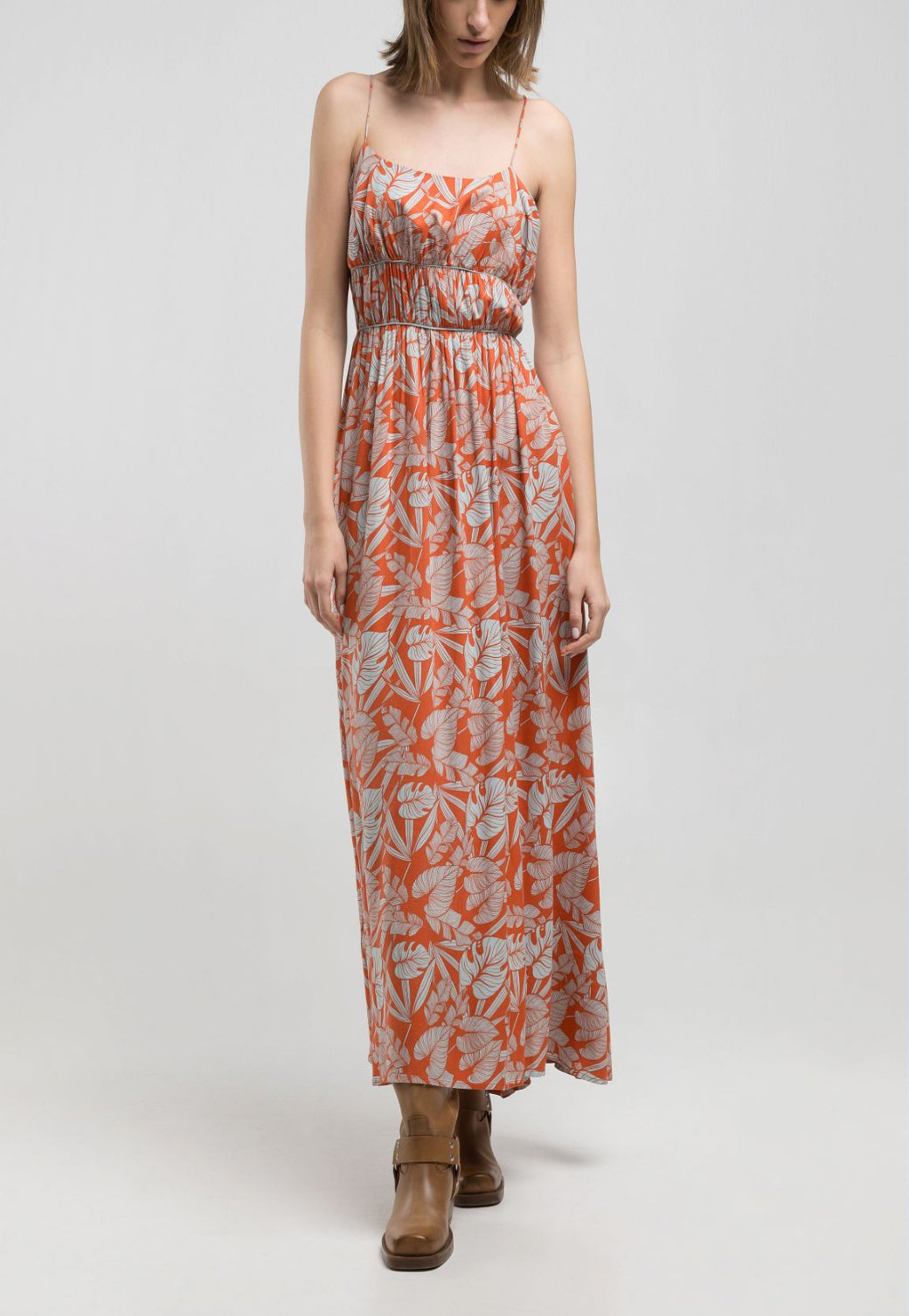 שמלת מקסי לנשים בהדפס פרחוני כתום