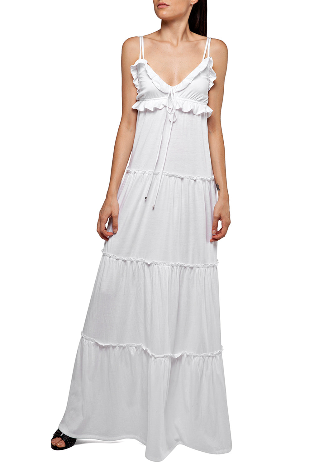 שמלת מקסי לבנה עם כתפיות דקות וקשירה