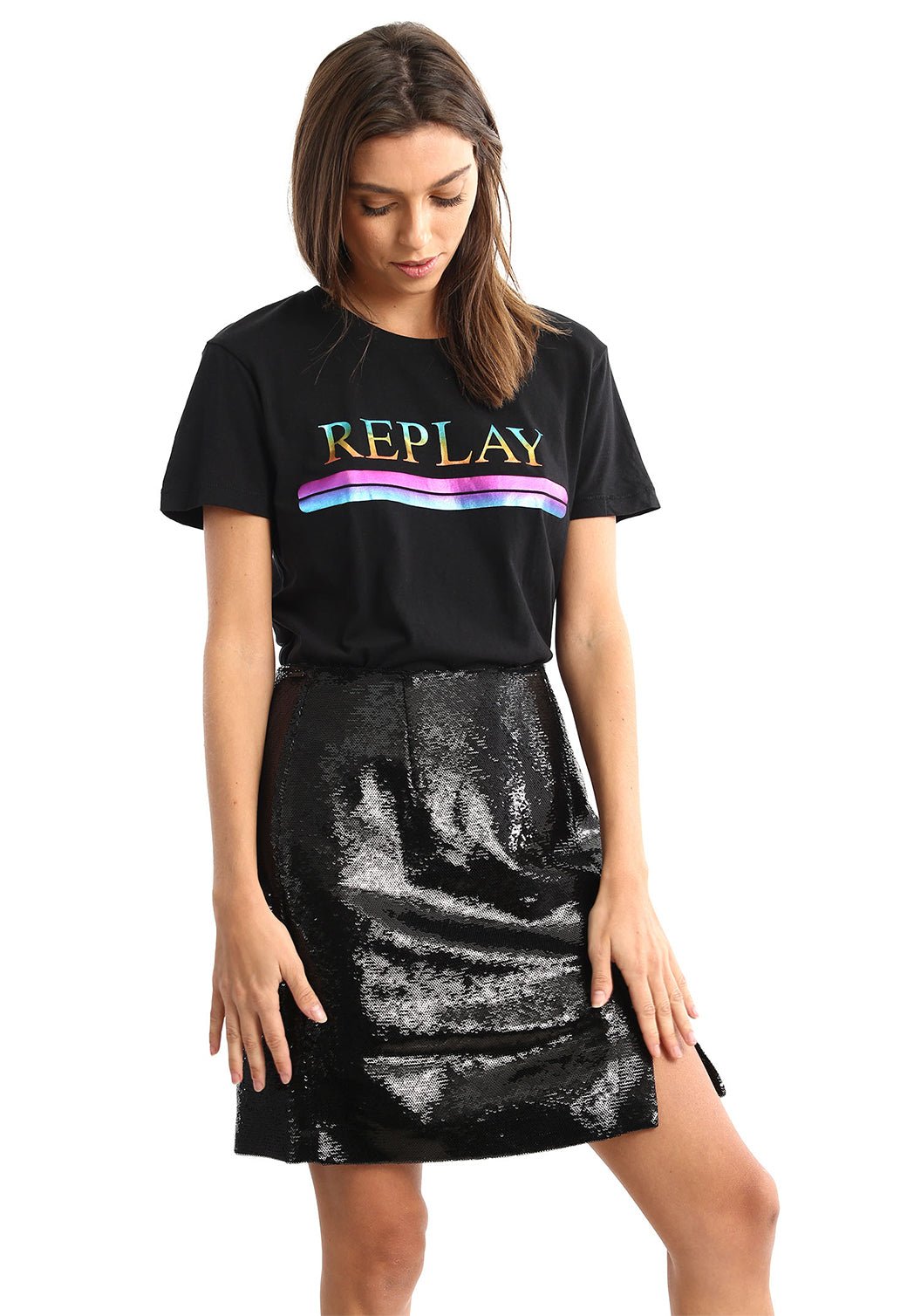 חצאית פייטים שסע ברגל שמאל נשים - Replay