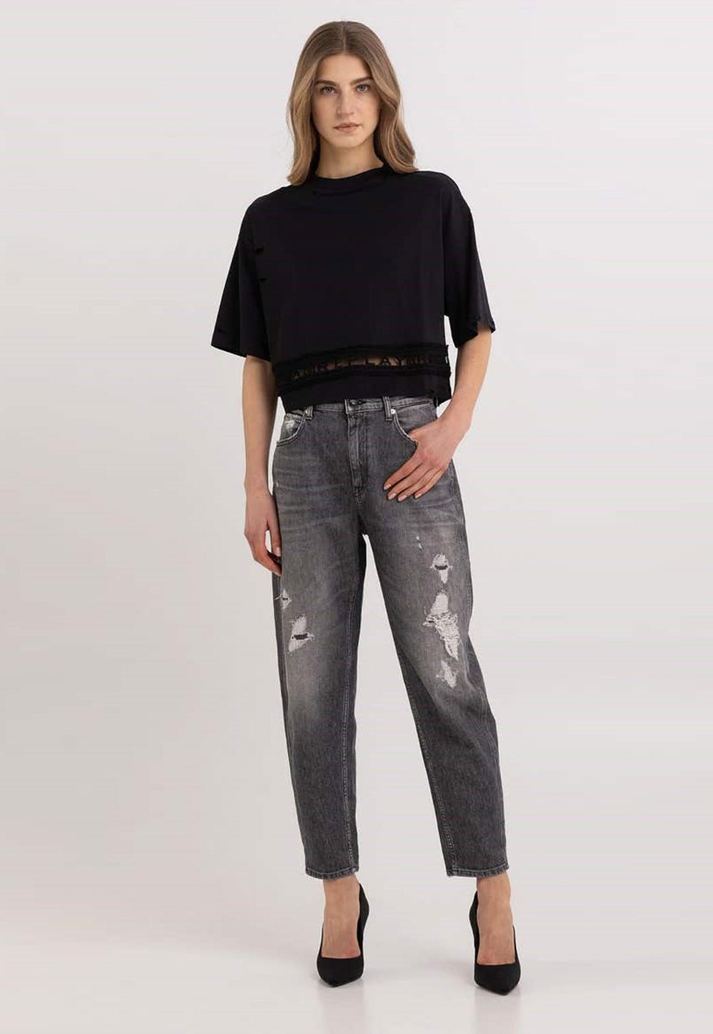 טי שירט קצרה קרופ עם הדפס נשים - Replay