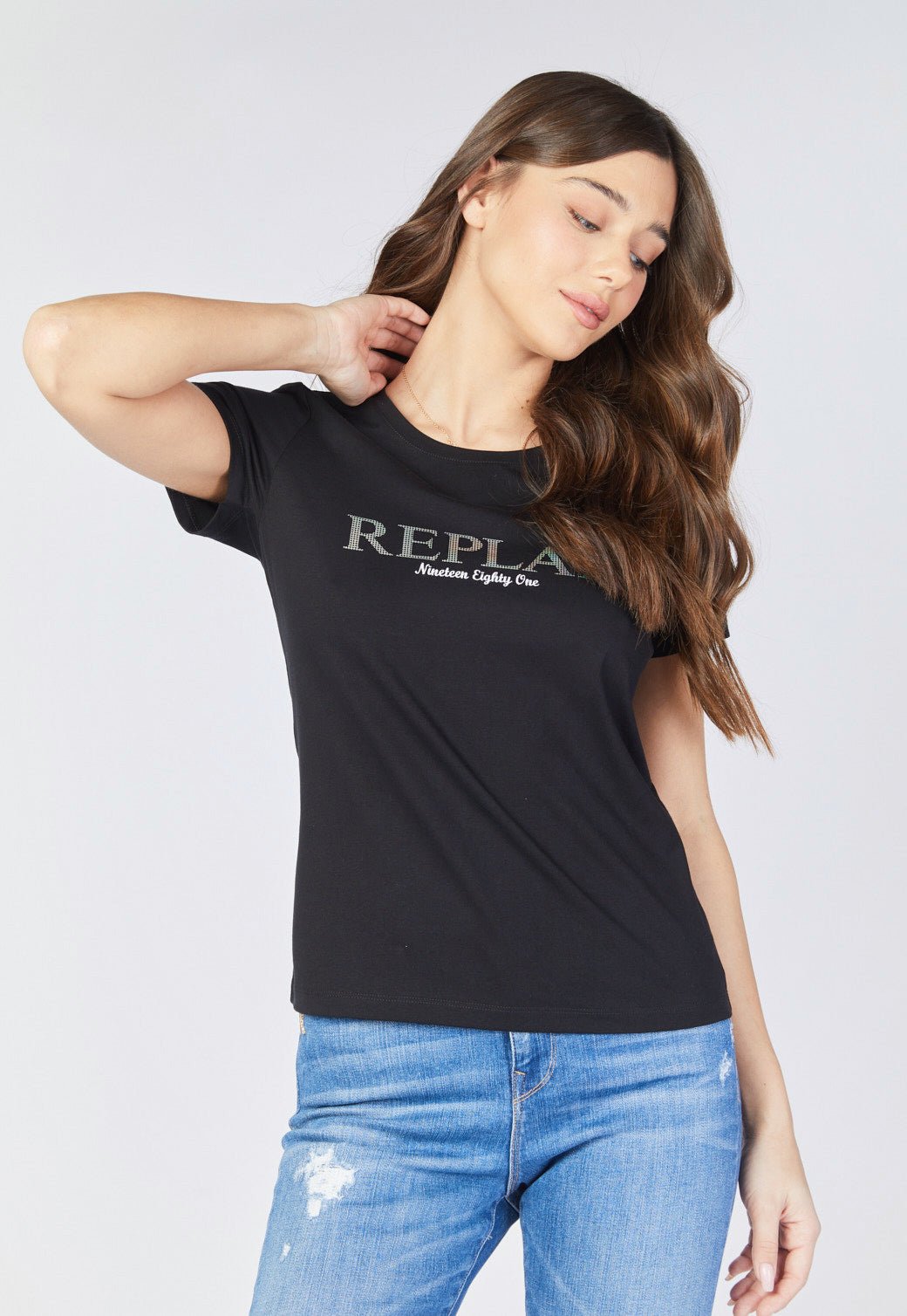 טי שירט קצרה עם הדפס לוגו מטאלי בחזית נשים - Replay