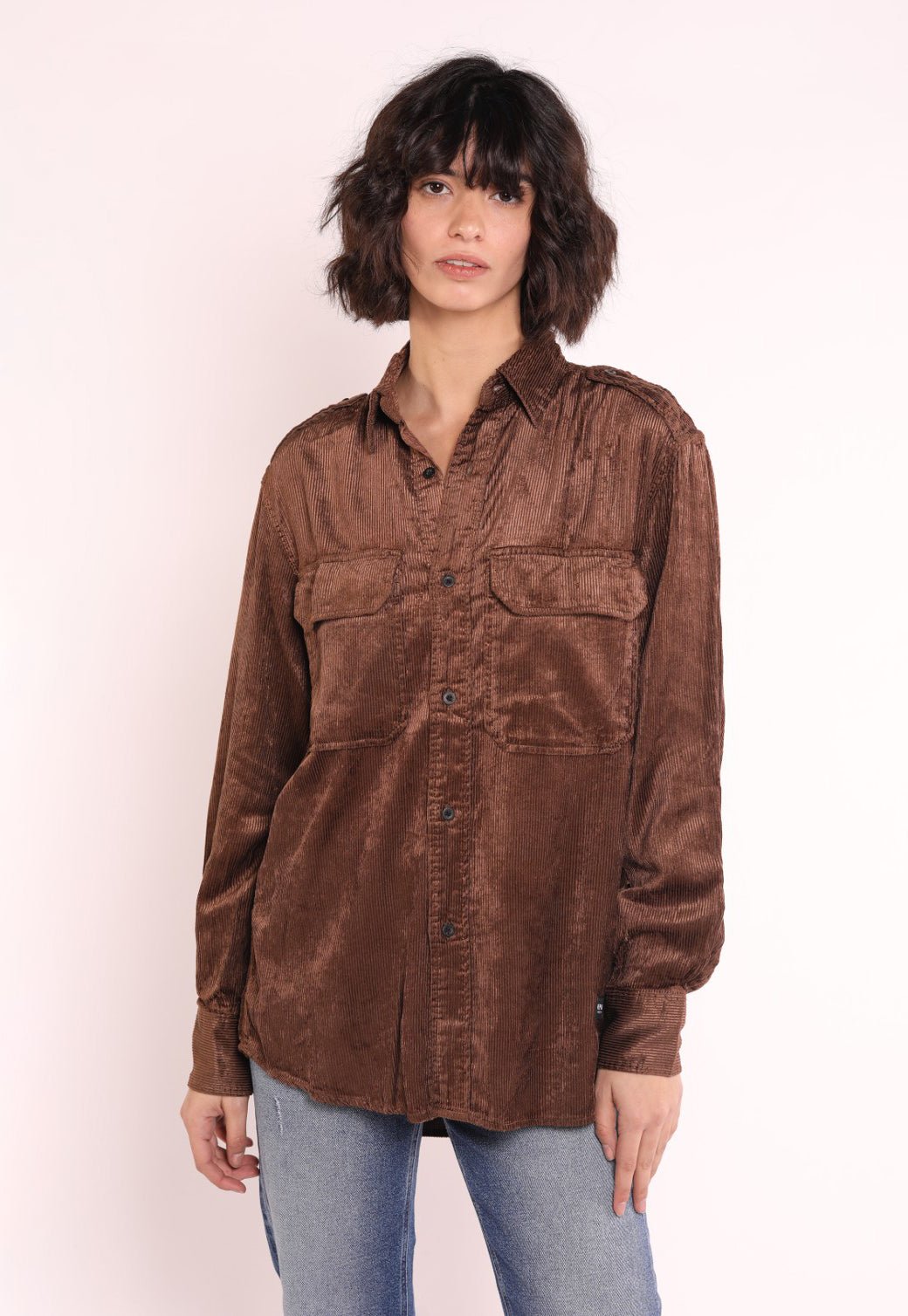 חולצה מכופתרת קורדרוי עם לוגו במותן נשים - Replay