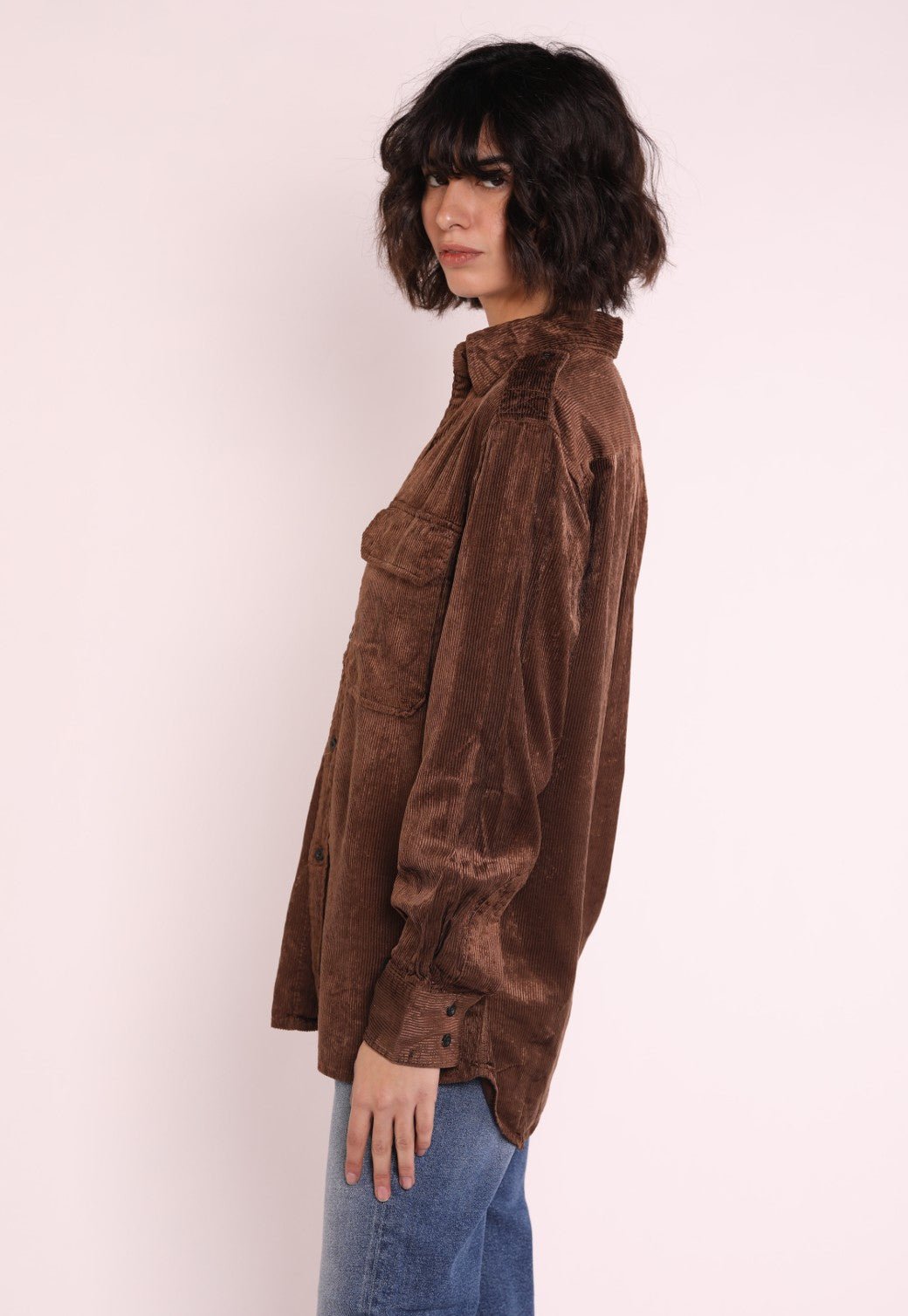 חולצה מכופתרת קורדרוי עם לוגו במותן נשים - Replay